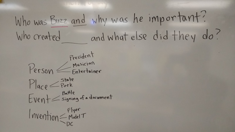 Directions for a writing (?) assignment written on a whiteboard