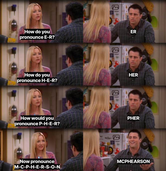 Meme: Phoebe teaches Joey how to pronounce 'er', 'her', and 'pher' and then asks him how to pronounce 'McPherson'. He confidently responds with the incorrect 'McPhearson'